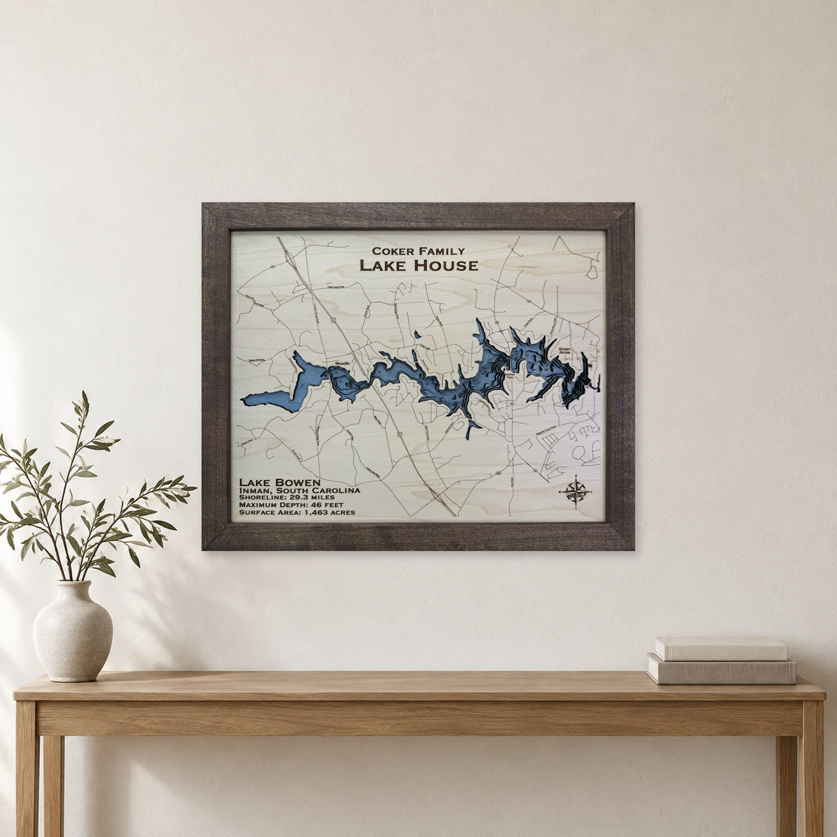 Lake Bowen, South Carolina Wood Map — Multilayer — room mockup