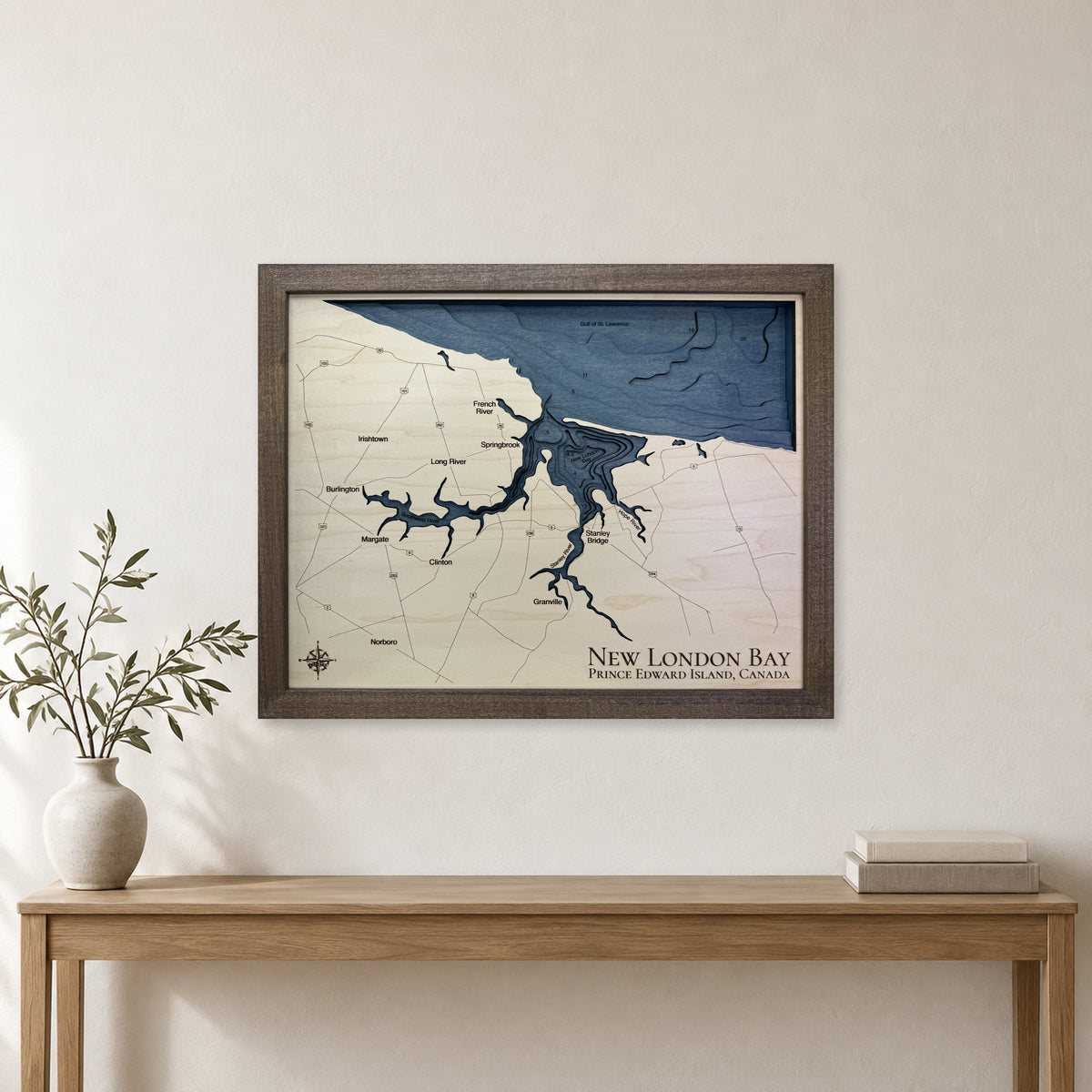 New London Bay, Prince Edward Island Wood Map — Multilayer — room mockup