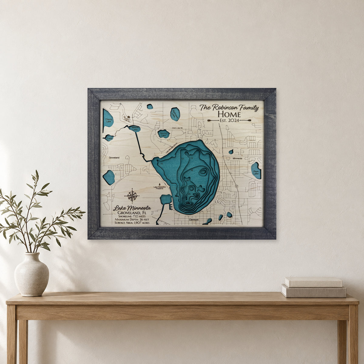 Lake Minneola, Groveland, Florida Wood Map — Multilayer — room mockup
