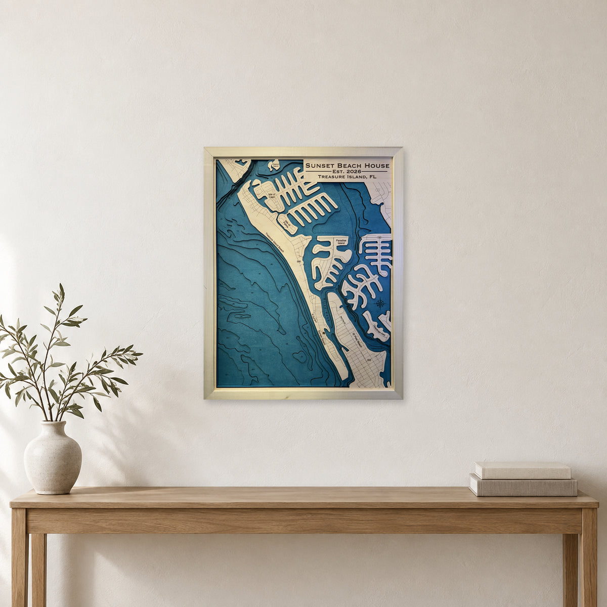 Sunset Beach, Treasure Island, Florida Wood Map — Multilayer — room mockup