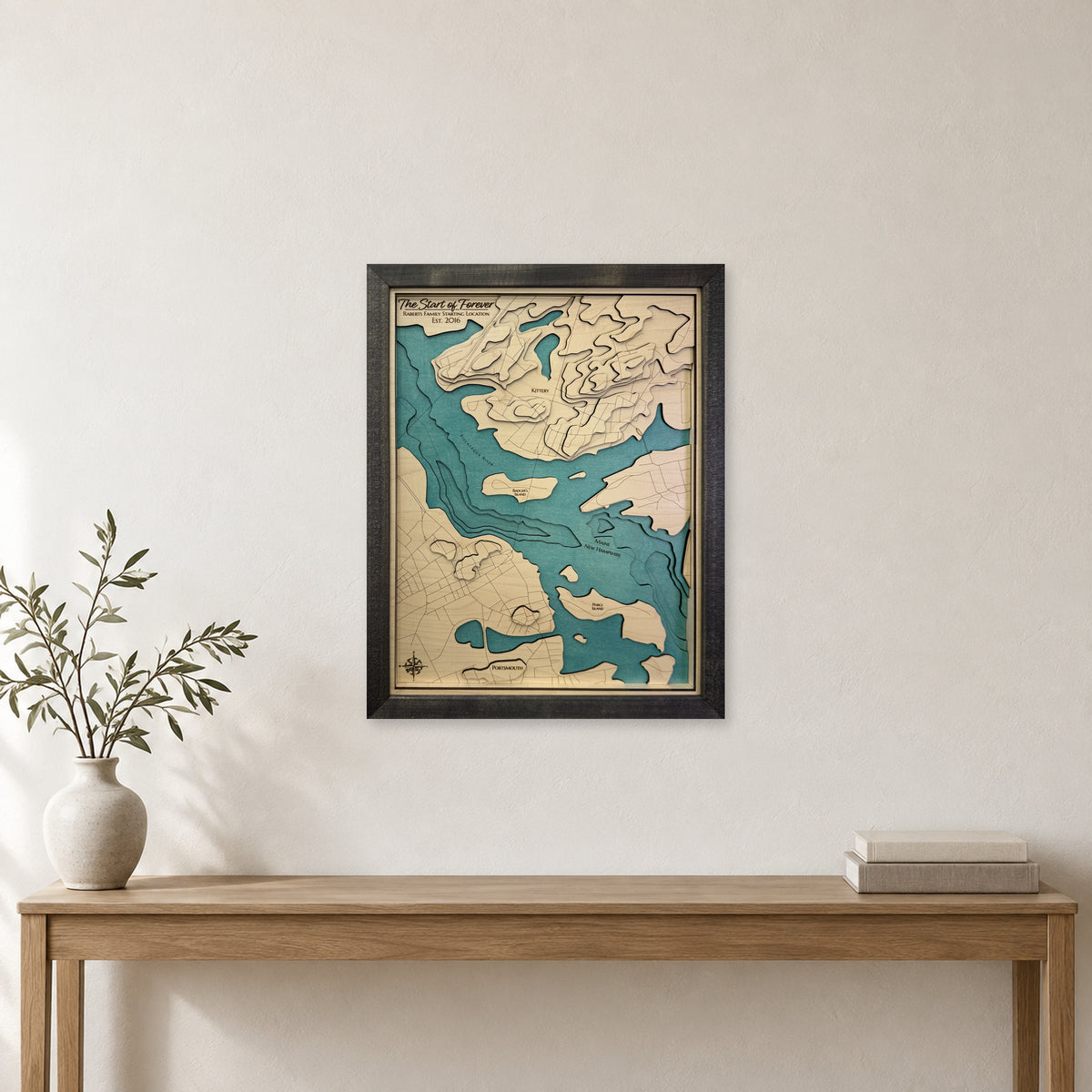 Piscataqua River, New Hampshire Wood Map — Multilayer — room mockup
