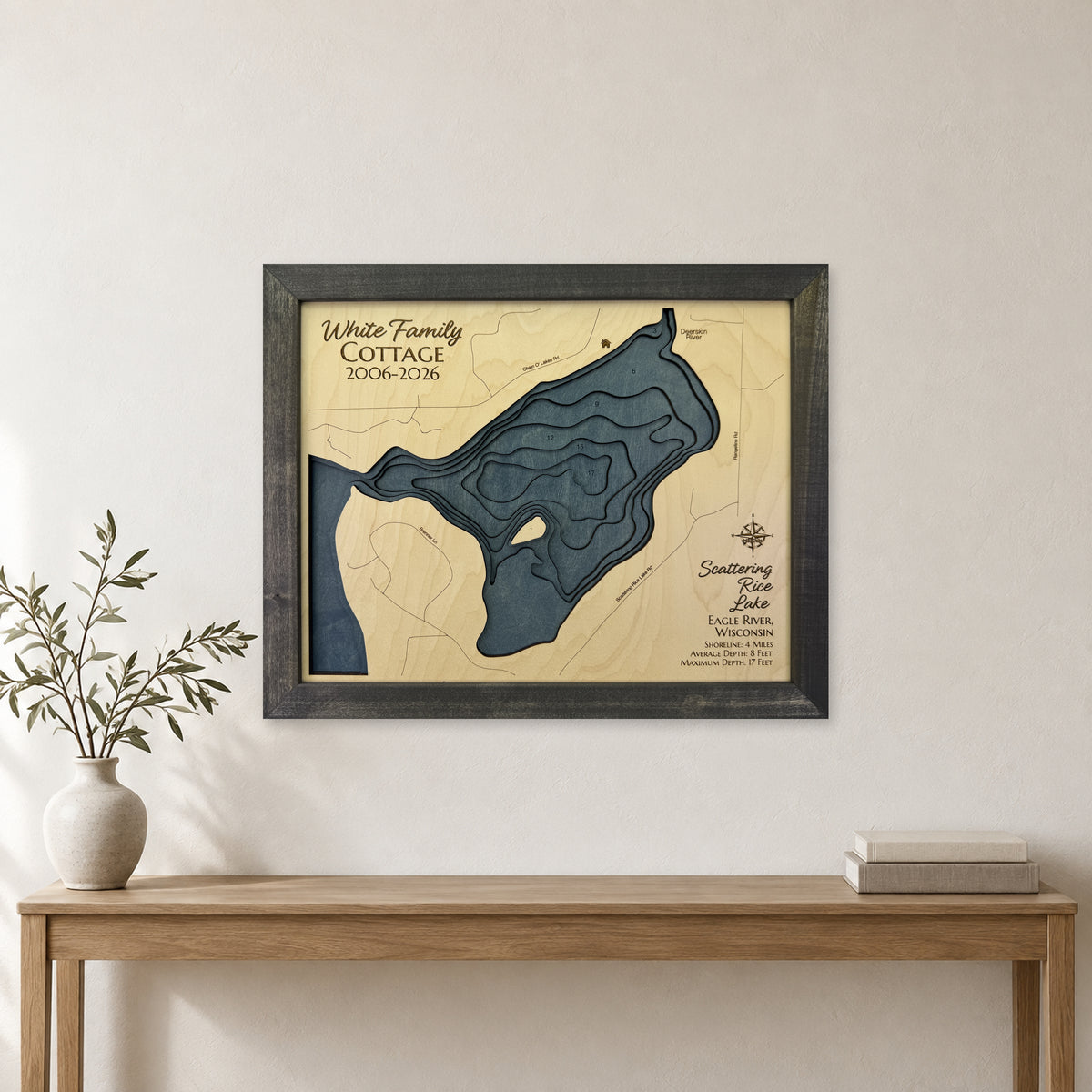 Scattering Rice Lake, Wisconsin Wood Map — Multilayer — room mockup