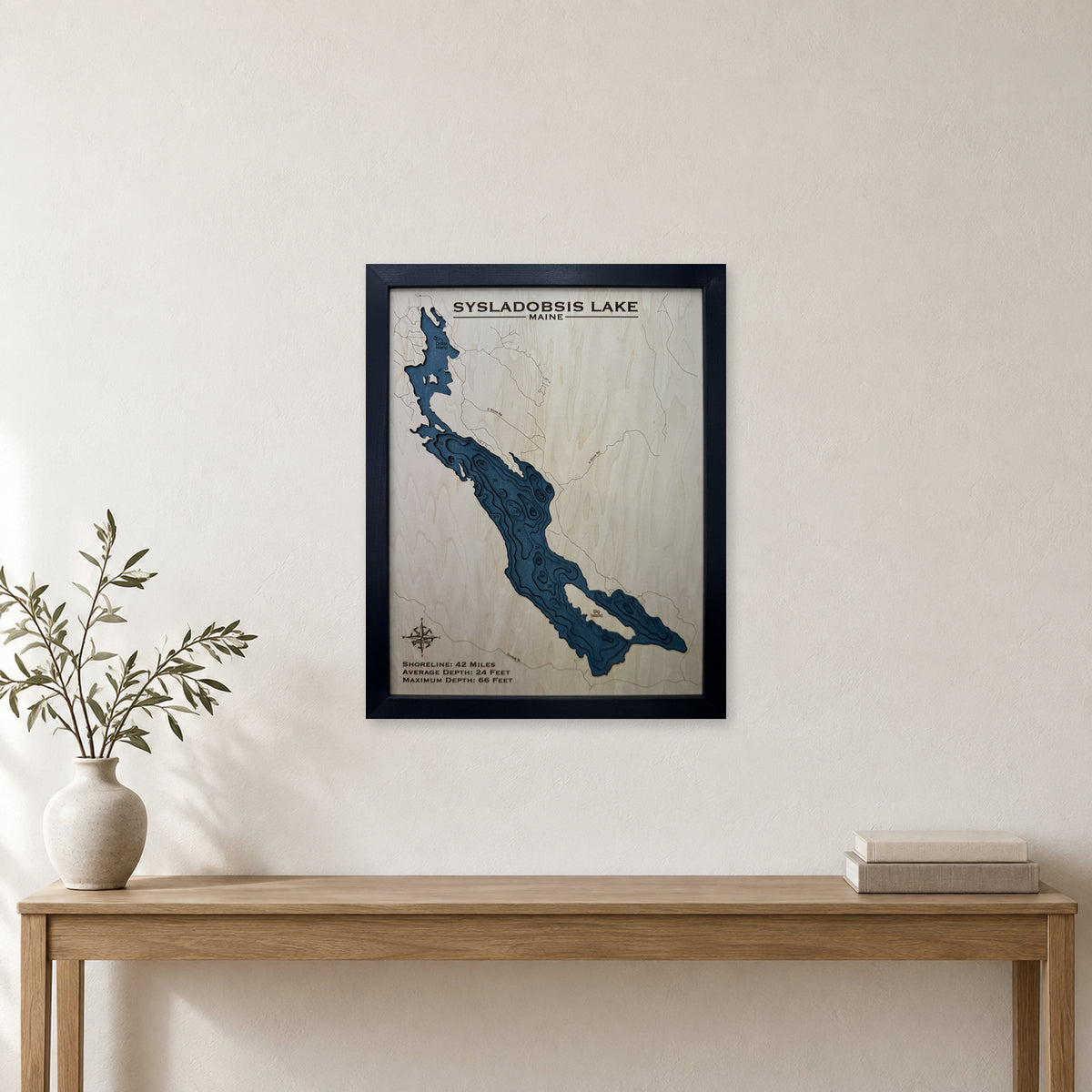 Sysladobsis Lake, Maine Wood Map — Multilayer — room mockup