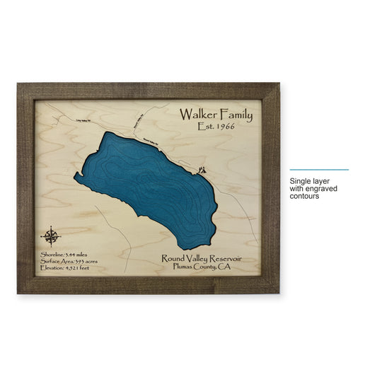 Round Valley Reservoir, California Wood Map — Single layer with engraved contours — style-labeled photo