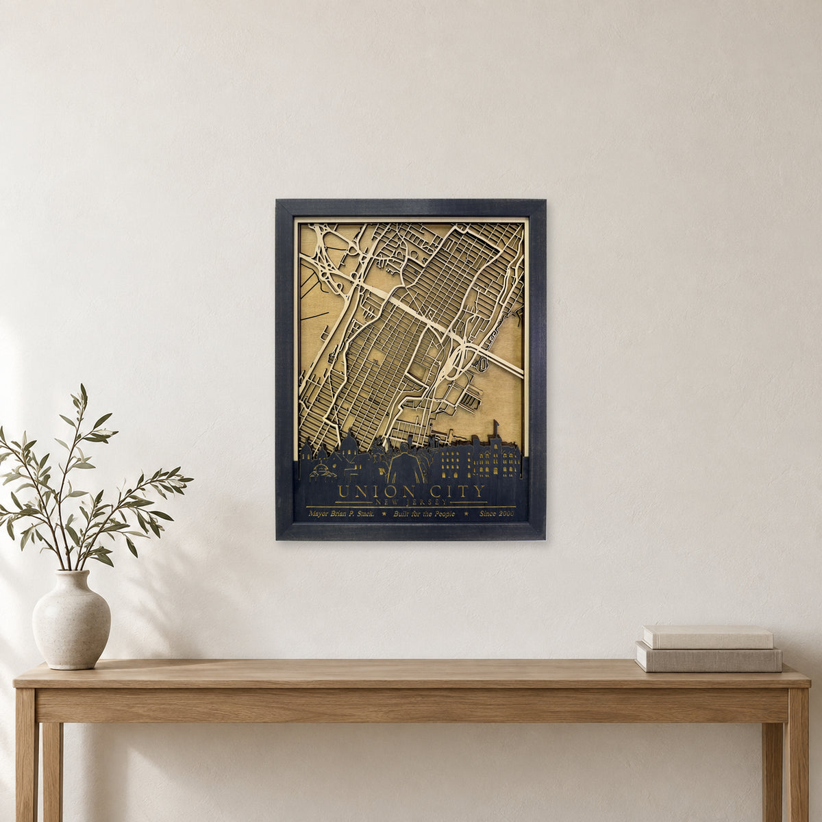 Union City, New Jersey Wood Map — Multilayer — room mockup