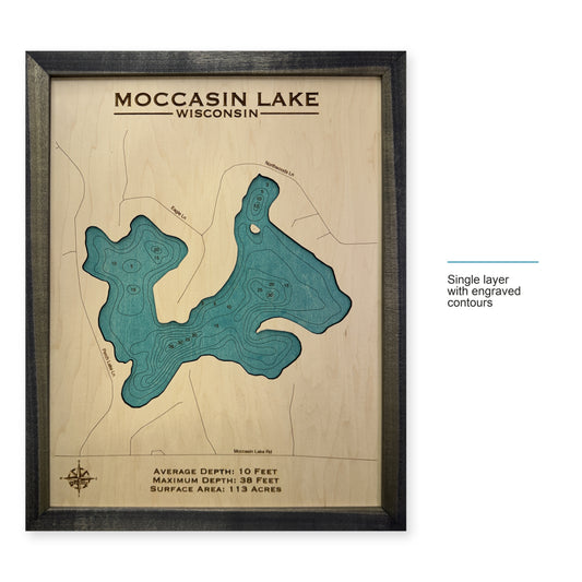 Moccasin Charcoal wood map — single layer with engraved contours, layer option shown
