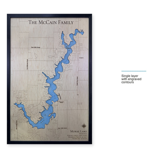 Morse Mccain wood map — single layer with engraved contours, layer option shown
