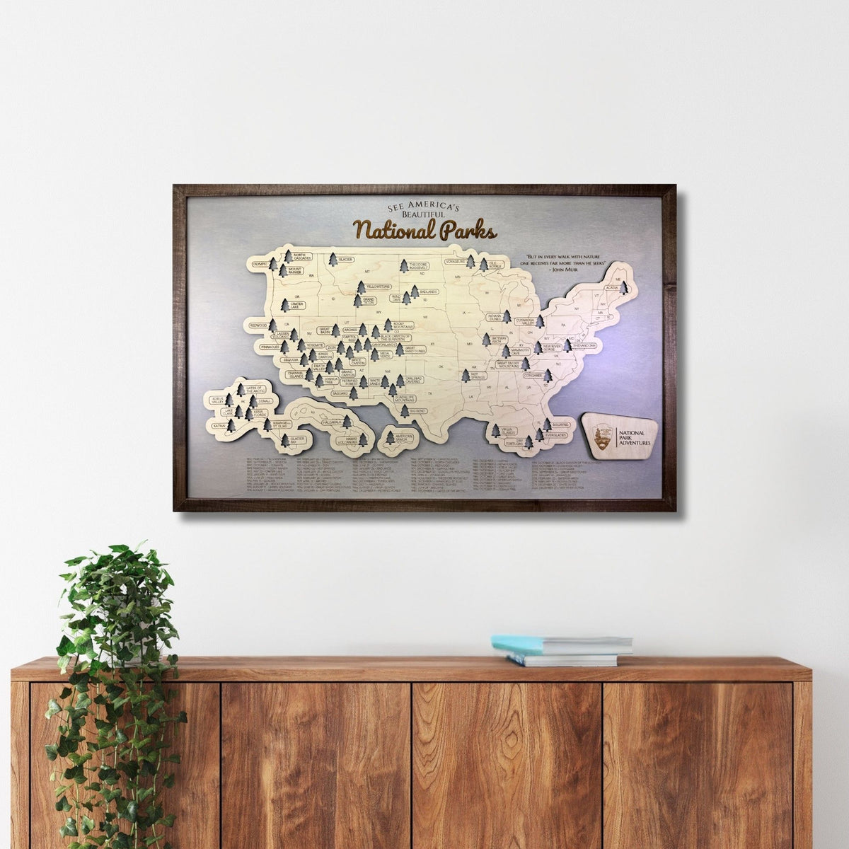 Framed wooden map of National Parks on a wall above a wooden cabinet.