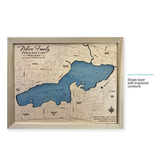 Pewaukee Lake wood map — single layer with engraved contours, layer option shown
