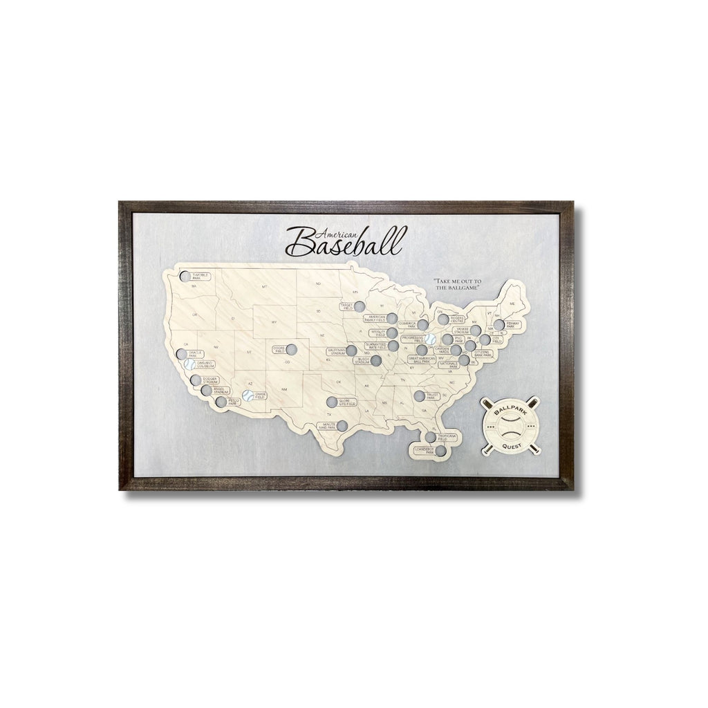 Wooden map showing all the Major League Baseball stadiums across the USA with baseball markers to track your travels.