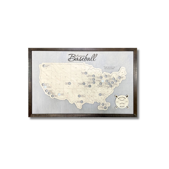 Wooden map showing all the Major League Baseball stadiums across the USA with baseball markers to track your travels.