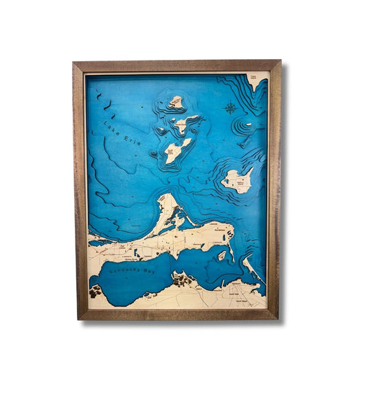 Sandusky Bay and Lake Erie Islands wooden map on white background.