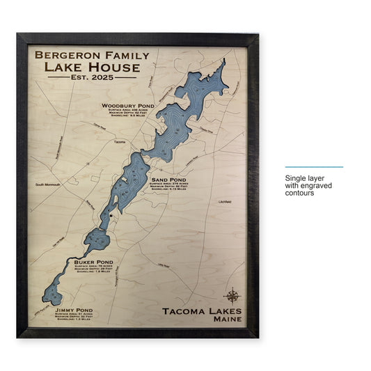 Tacoma Bergeron wood map — single layer with engraved contours, layer option shown