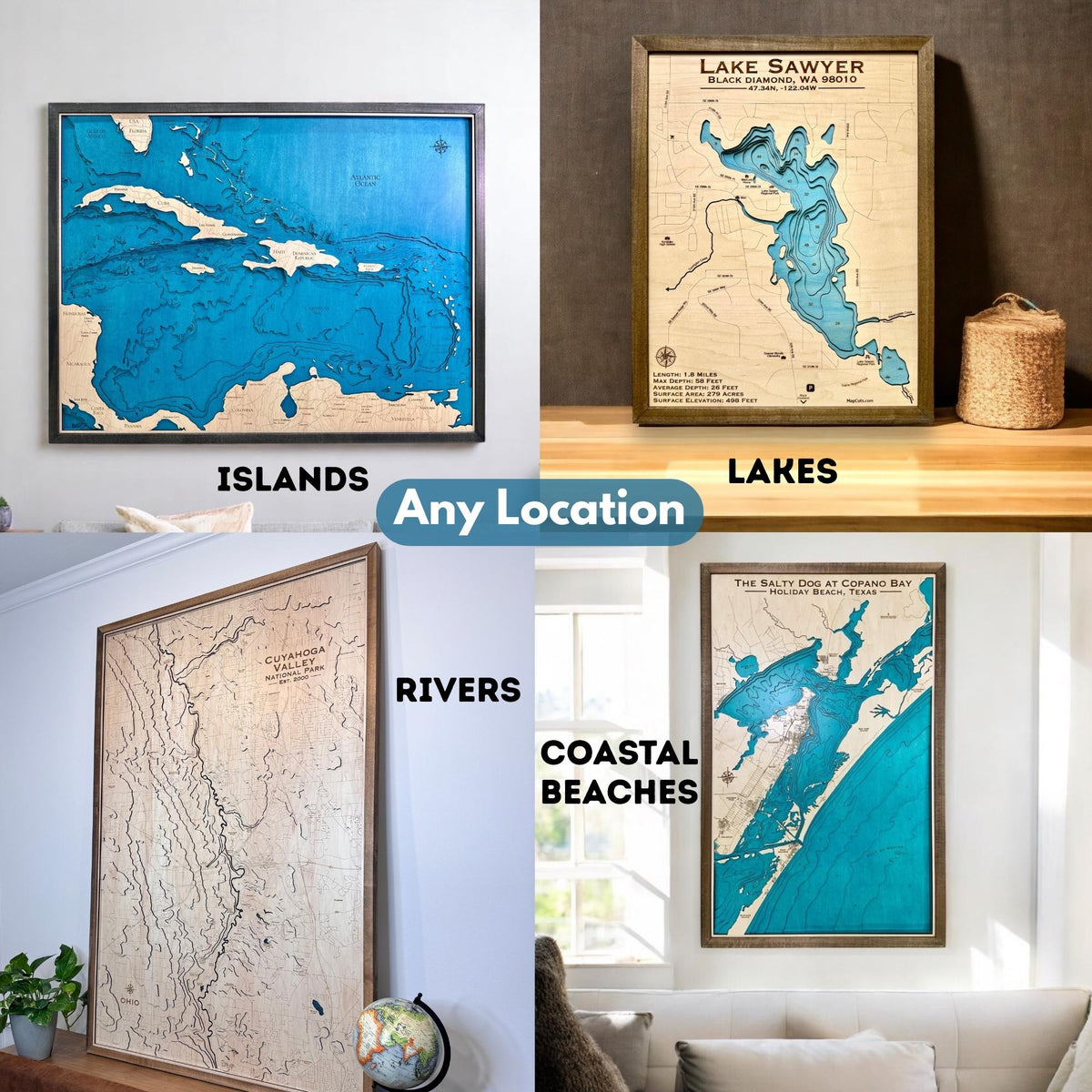 Examples of the different types of wooden water maps offered by MapCuts: island map, lake map, river map, and coastal map.