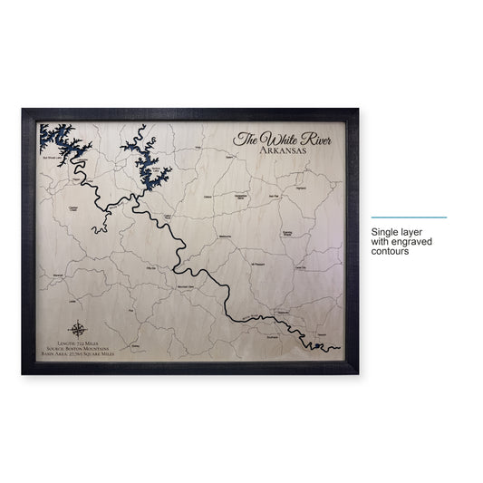 White River Arkansas wood map — single layer with engraved contours, layer option shown