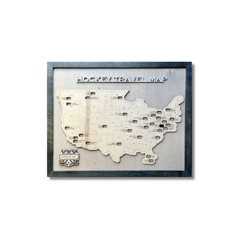Wooden professional hockey arena travel map with nameplate and black frame on a white background.