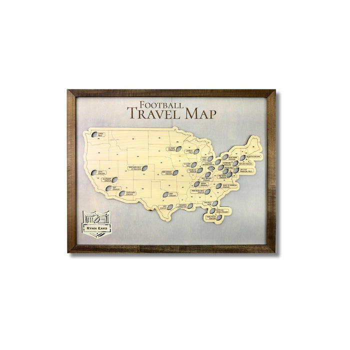 Framed wooden professional football stadium travel map with nameplate and removable football markers.