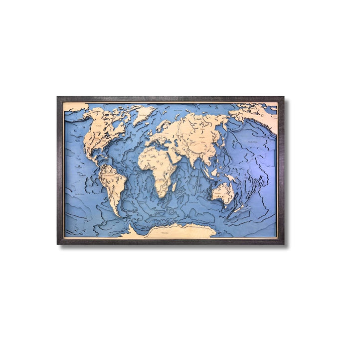 World map with topographic details in a black frame on a white background