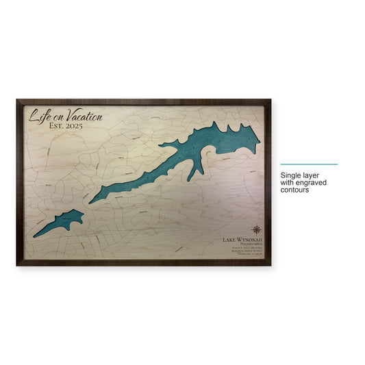 Wynonah Brnich wood map — single layer with engraved contours, layer option shown