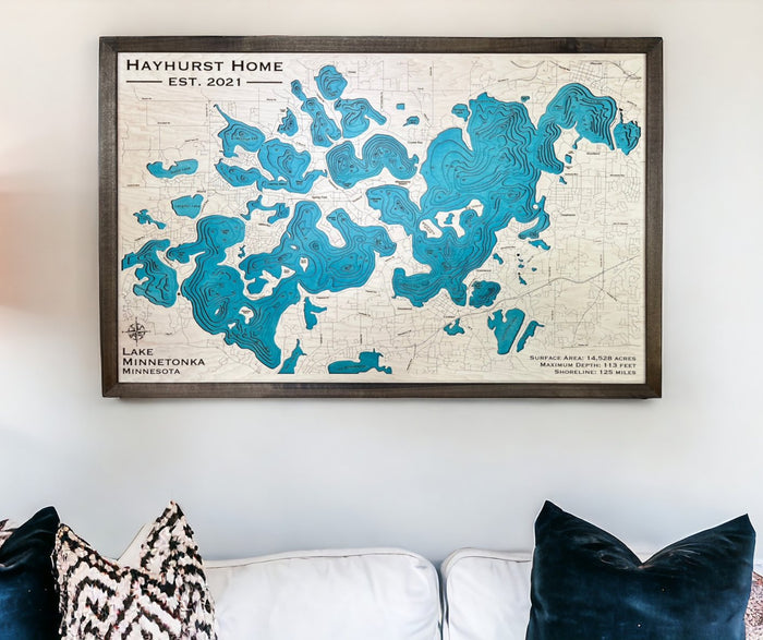 Lake Minnetonka 3d lake map hanging on wall