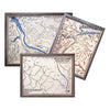 Three topographic maps of different locations with wooden frames on a white background.