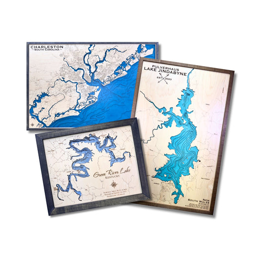 Examples of multi water layer coastline map, lake map, and river map on a white background. 
