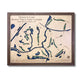 Wooden golf course map with scorecard, engraved roads, raised greens, and cut out water layer. 