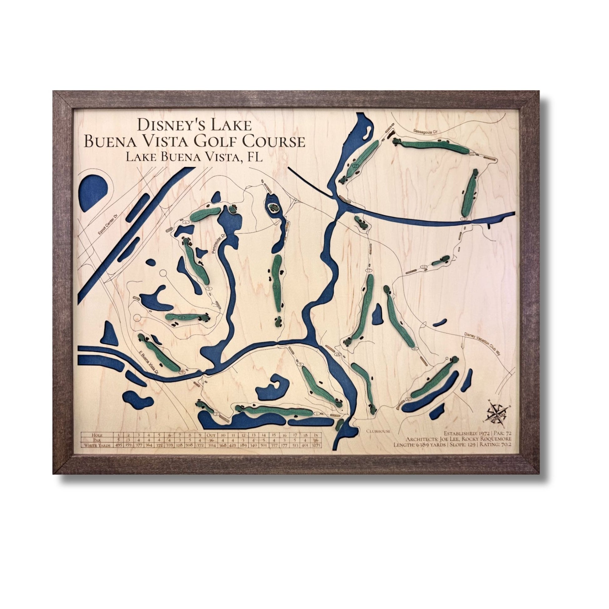 Wooden golf course map with scorecard, engraved roads, raised greens, and cut out water layer. 