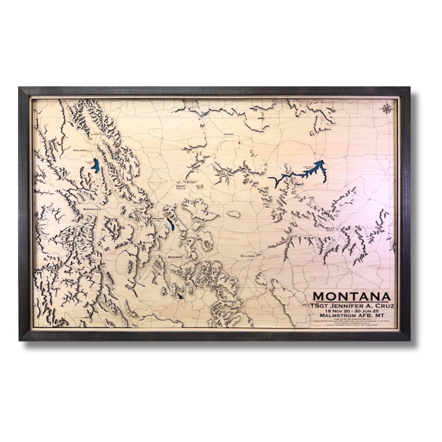 Custom 3D wooden topographic map of an area in Montana.