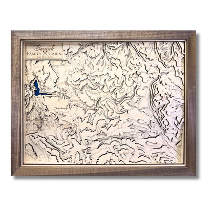 Custom wooden topographic map with personalized text.