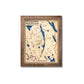 Wooden topographic map of Pleasant Mountain with a brown frame on a white background.