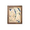 Wooden topographic map of Pleasant Mountain with a brown frame on a white background.