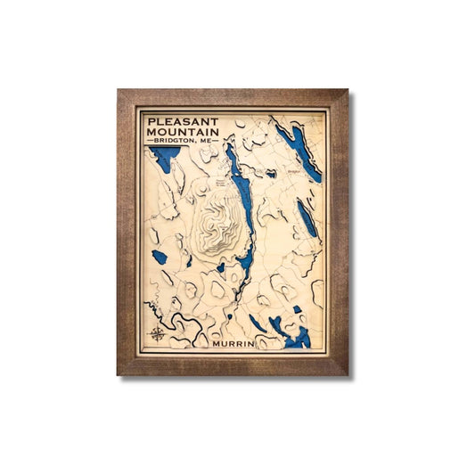 Wooden topographic map of Pleasant Mountain with a brown frame on a white background.