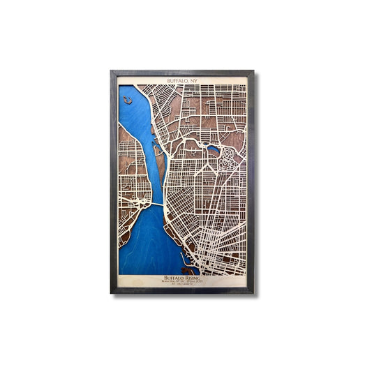 Custom wooden map of Buffalo, NY on a white background. 