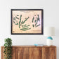 Framed Oakmont golf map hanging on a wall above a wooden console. 
