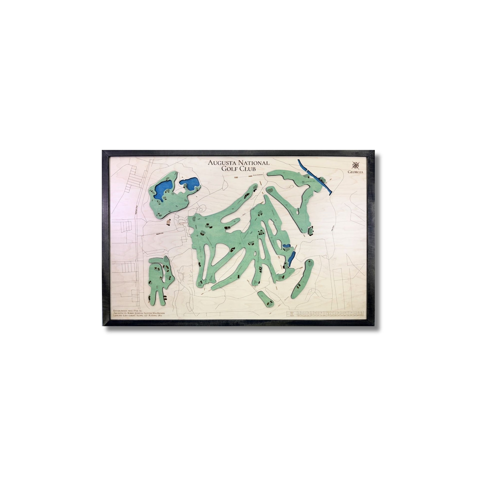 Framed 3D wooden golf course map of Augusta National Golf Club on a white background.