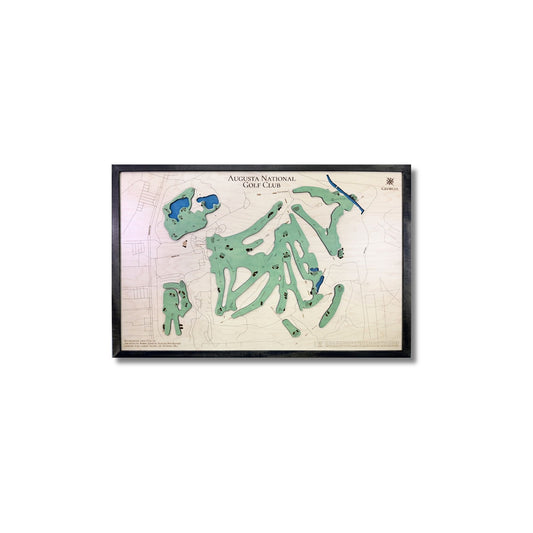 Framed 3D wooden golf course map of Augusta National Golf Club on a white background.
