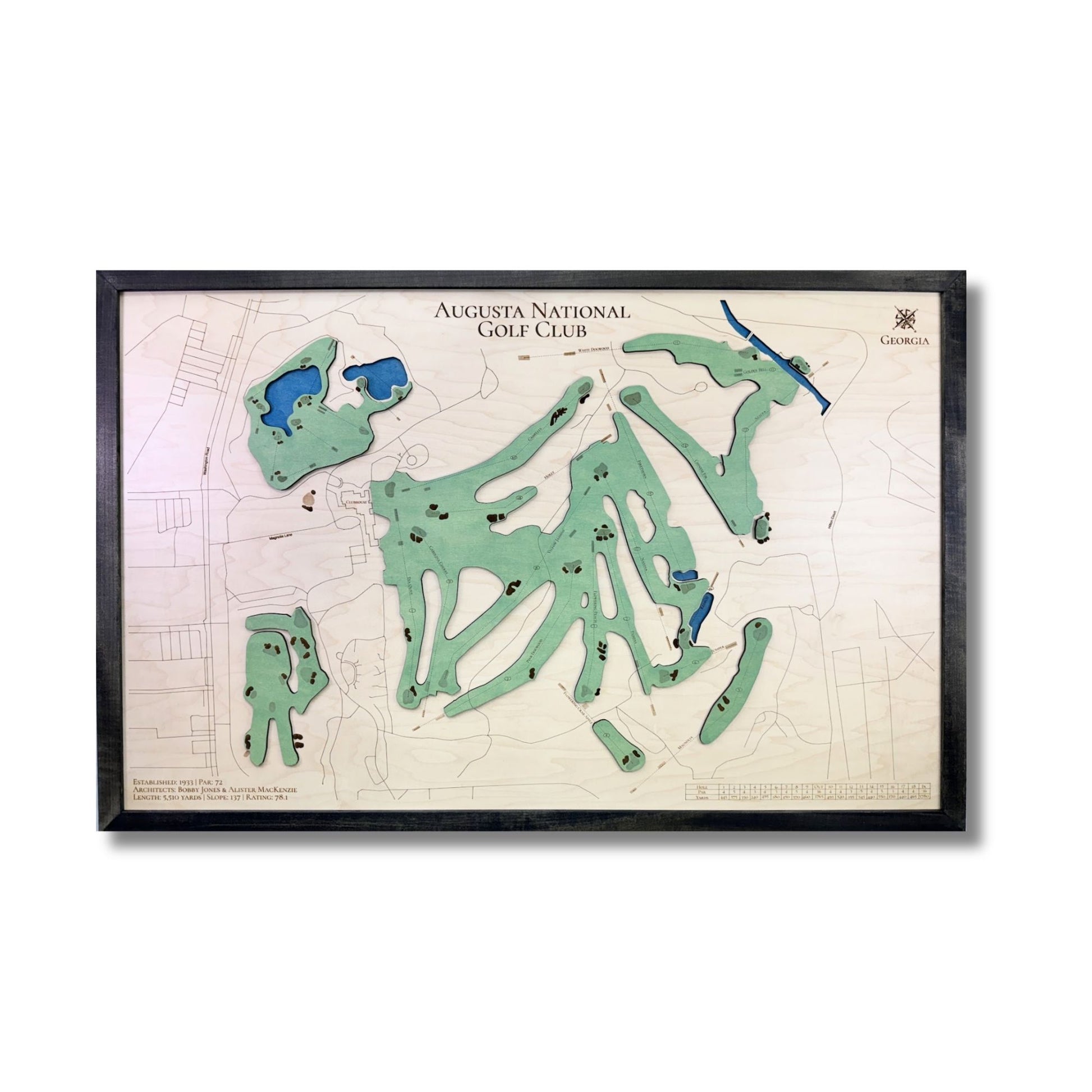 3D wooden map of Augusta National Golf Club with green and blue stain and a black frame. 