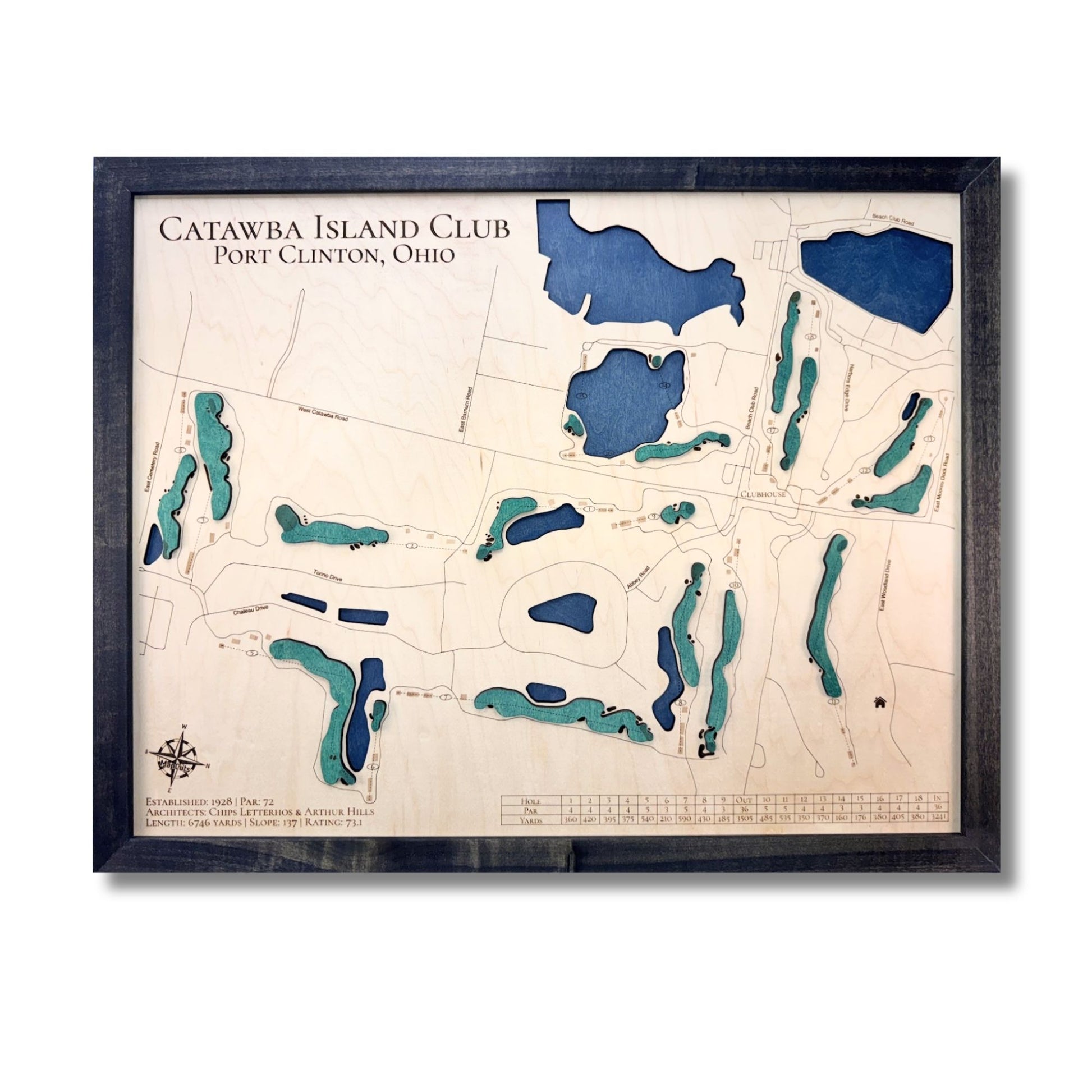 3D wooden map of Catawba Island Club in Port Clinton, Ohio with a black frame. 