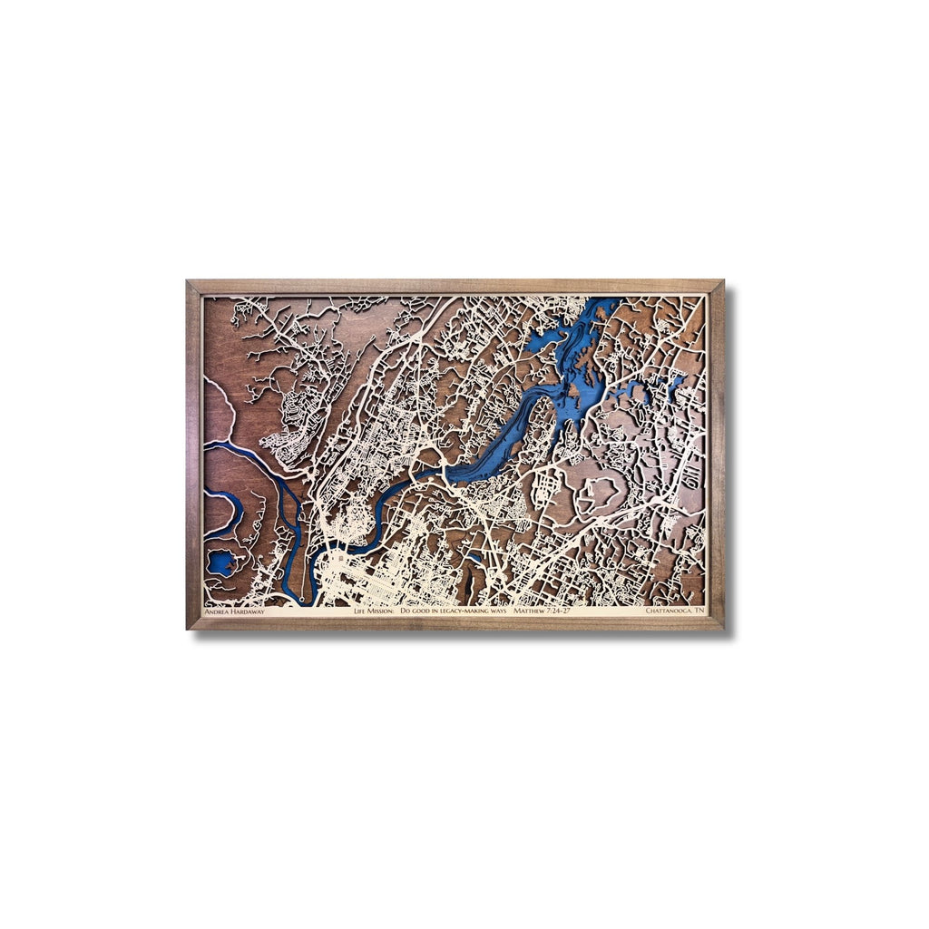 Custom 3D wooden map of Chattanooga, Tennessee on a white background. 