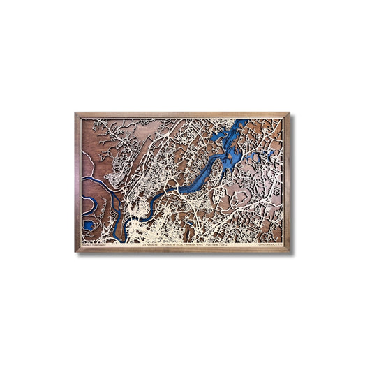 Custom 3D wooden map of Chattanooga, Tennessee on a white background. 