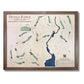 Wooden map of Devils Ridge Golf Club with blue and green stain and a brown frame. 
