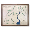 Wooden map of Devils Ridge Golf Club with blue and green stain and a brown frame. 