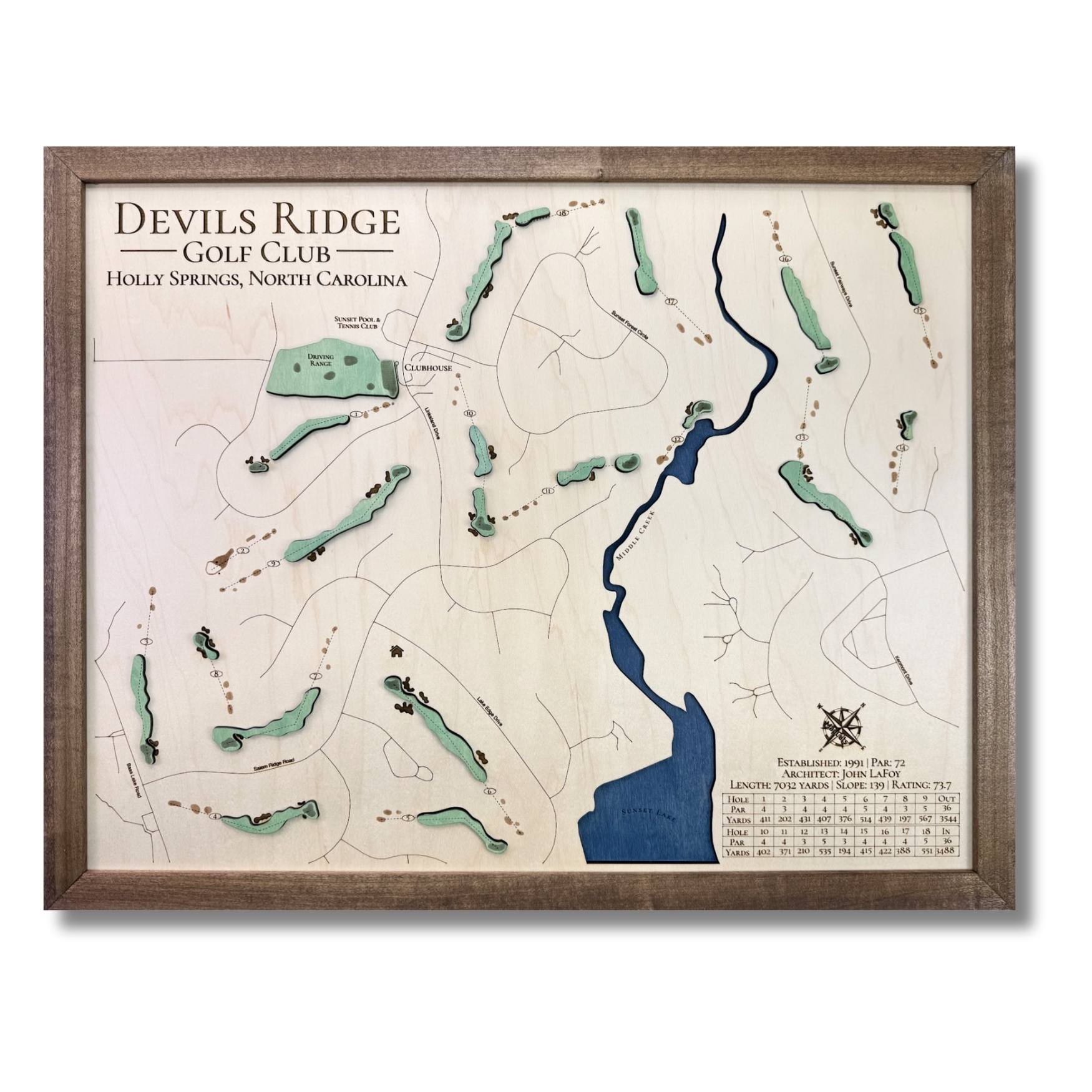 Wooden map of Devils Ridge Golf Club with blue and green stain and a brown frame. 