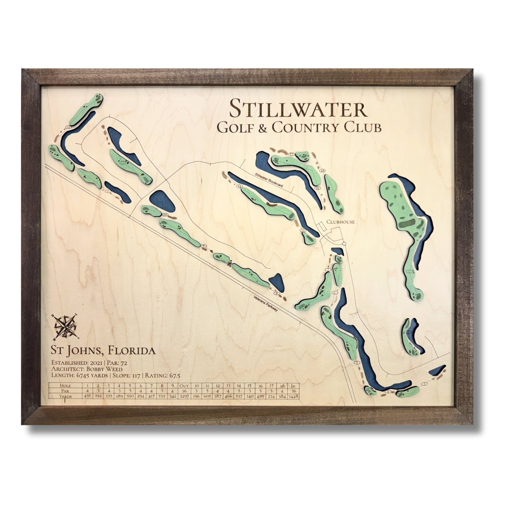Wooden map of Stillwater Golf & Country Club with a brown frame on a white background.