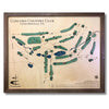 Wooden map of Concord Country Club with green golf greens, blue water hazards, and a walnut brown frame. 