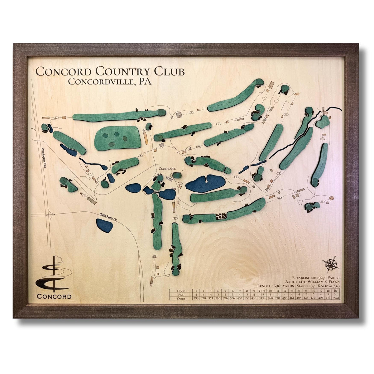 Wooden map of Concord Country Club with green golf greens, blue water hazards, and a walnut brown frame. 