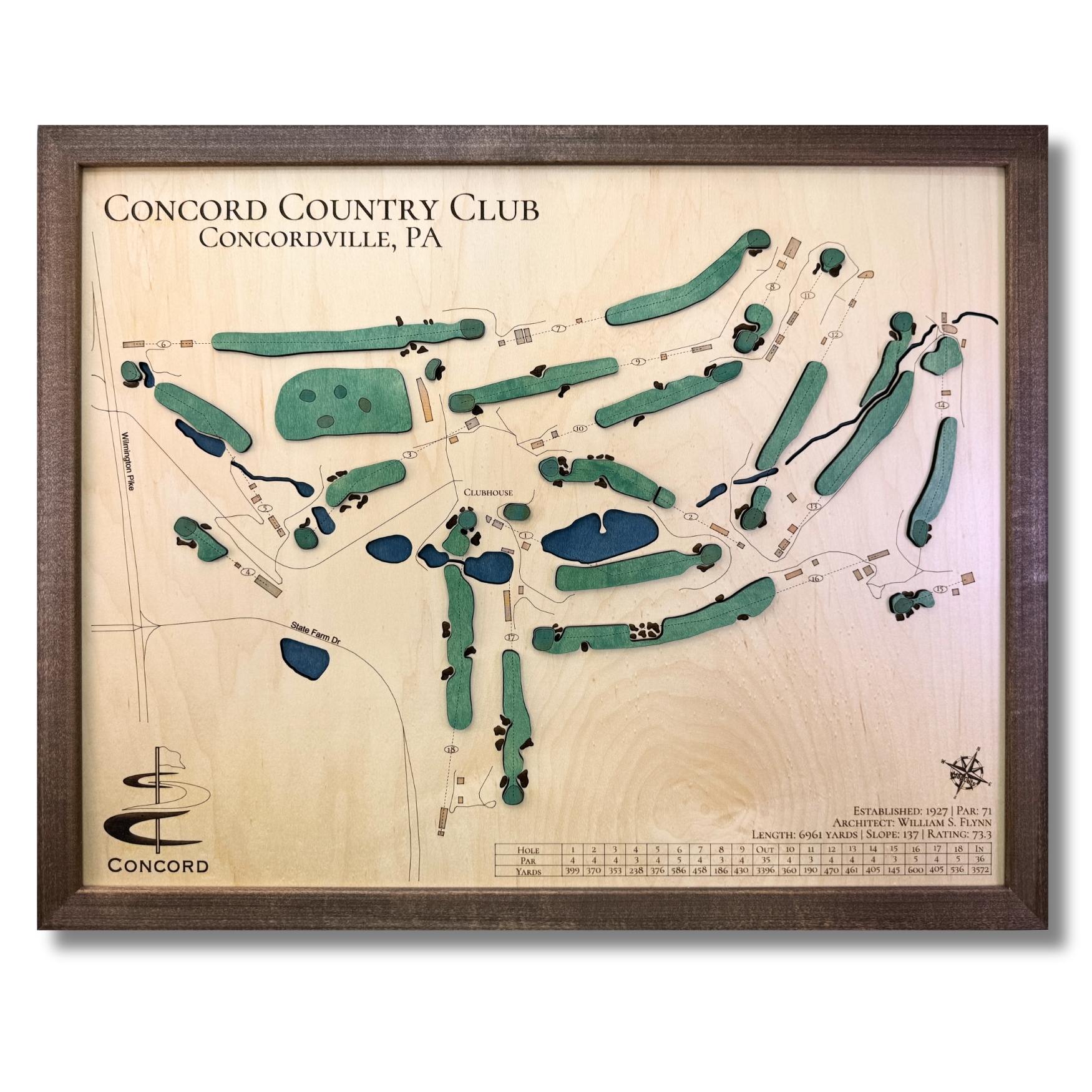 Wooden map of Concord Country Club with green golf greens, blue water hazards, and a walnut brown frame. 