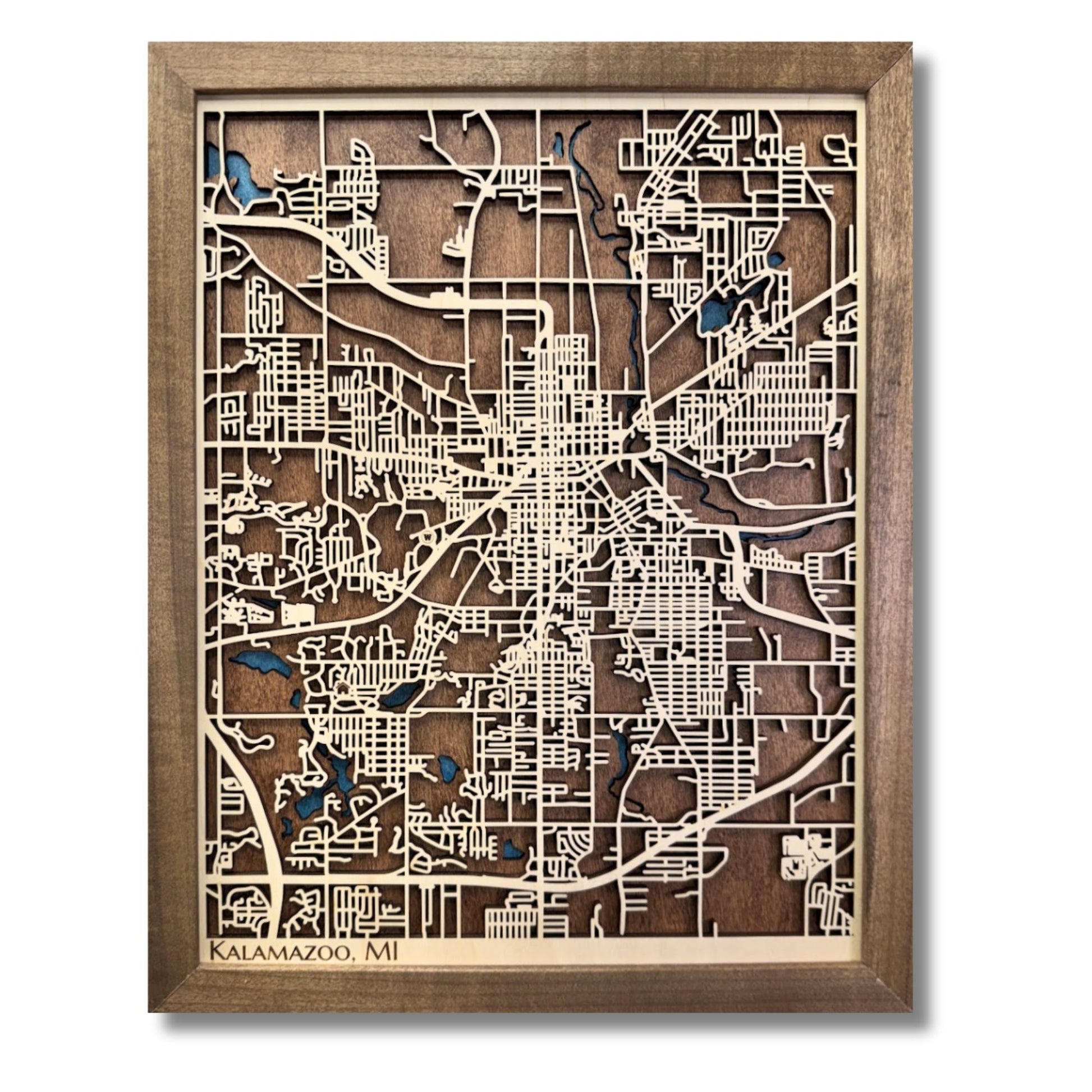 3D wooden framed city map of Kalamazoo, MI with natural wood raised roads on a darker wood base. 