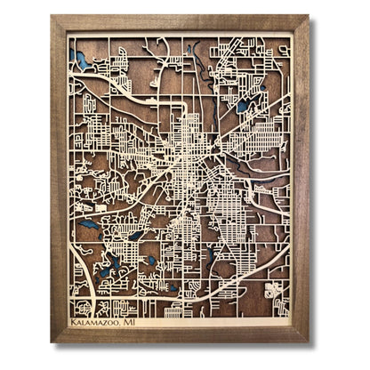 3D wooden framed city map of Kalamazoo, MI with natural wood raised roads on a darker wood base. 